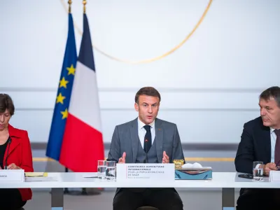 Francija, Pariz.<br>Mednarodna humanitarna konferenca za civilno prebivalstvo v Gazi.<br>Otvoritev konference.<br>Francoski predsednik Emmanuel Macron.