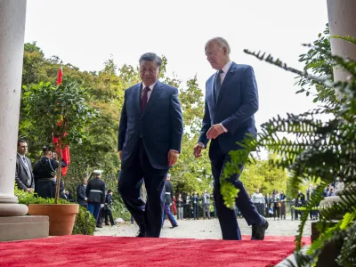 President Joe Biden greets China's President President Xi Jinping at the Filoli Estate in Woodside, Calif., Wednesday, Nov, 15, 2023, on the sidelines of the Asia-Pacific Economic Cooperative conference. (Doug Mills/The New York Times via AP, Pool)