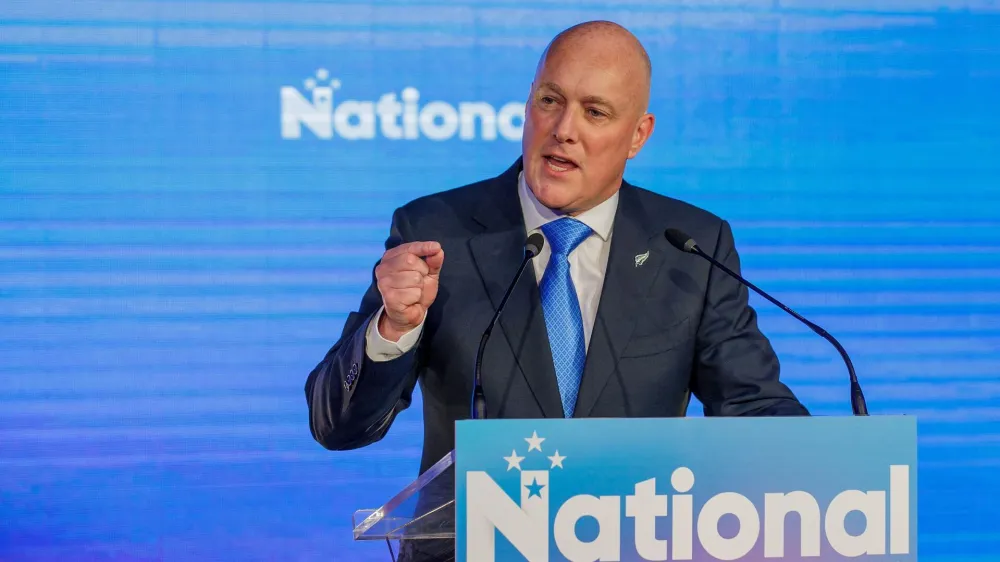 FILE PHOTO: Christopher Luxon, Leader of the National Party speaks to supporters at his election party after winning the general election to become New Zealand's next prime minister in Auckland, New Zealand, October 14, 2023. REUTERS/David Rowland/File Photo