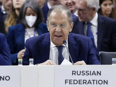 Russia's Foreign Minister Sergey Lavrov attends the plenary session of the OSCE (Organization for Security and Co-operation in Europe) Ministerial Council meeting, in Skopje, North Macedonia, on Thursday, Nov. 30, 2023. (AP Photo/Boris Grdanoski)