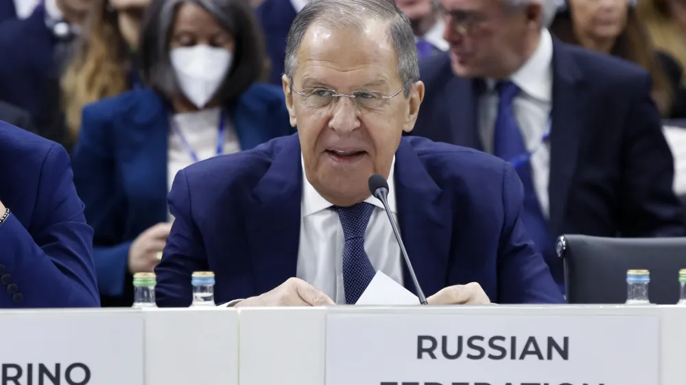 Russia's Foreign Minister Sergey Lavrov attends the plenary session of the OSCE (Organization for Security and Co-operation in Europe) Ministerial Council meeting, in Skopje, North Macedonia, on Thursday, Nov. 30, 2023. (AP Photo/Boris Grdanoski)