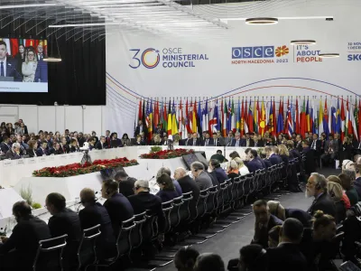 A view of the plenary session of the OSCE (Organization for Security and Co-operation in Europe) Ministerial Council meeting, in Skopje, North Macedonia, Thursday, Nov. 30, 2023. (AP Photo/Boris Grdanoski)