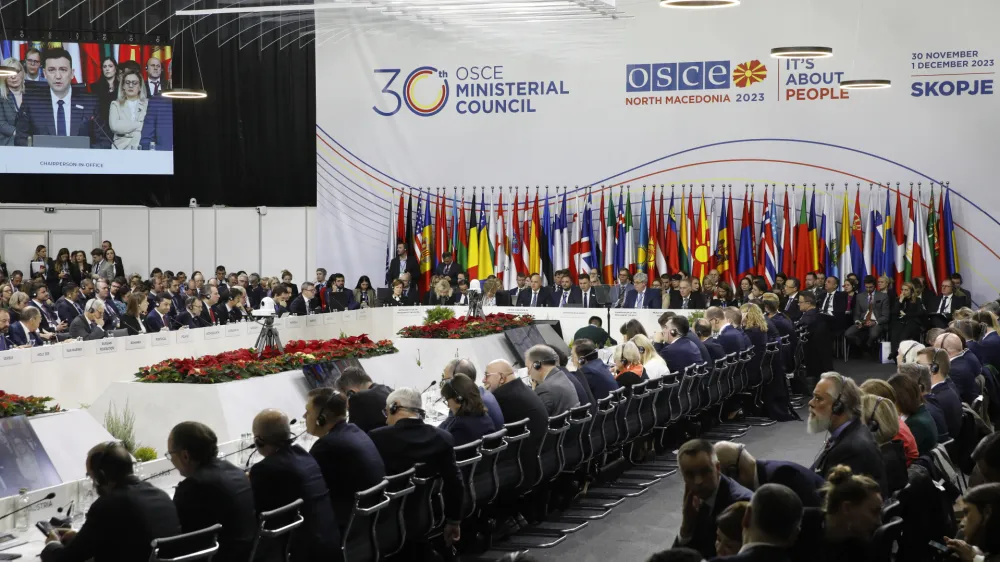 A view of the plenary session of the OSCE (Organization for Security and Co-operation in Europe) Ministerial Council meeting, in Skopje, North Macedonia, Thursday, Nov. 30, 2023. (AP Photo/Boris Grdanoski)