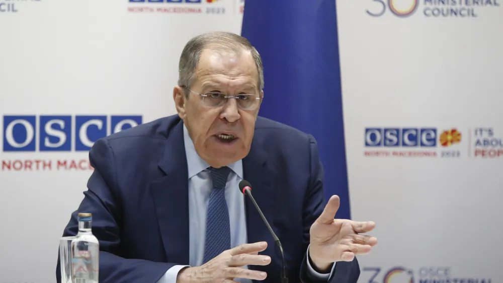 Russia's Foreign Minister Sergey Lavrov talks to the media at his news conference, during the OSCE (Organization for Security and Co-operation in Europe) Ministerial Council meeting, in Skopje, North Macedonia, on Friday, Dec. 1, 2023. (AP Photo/Boris Grdanoski)