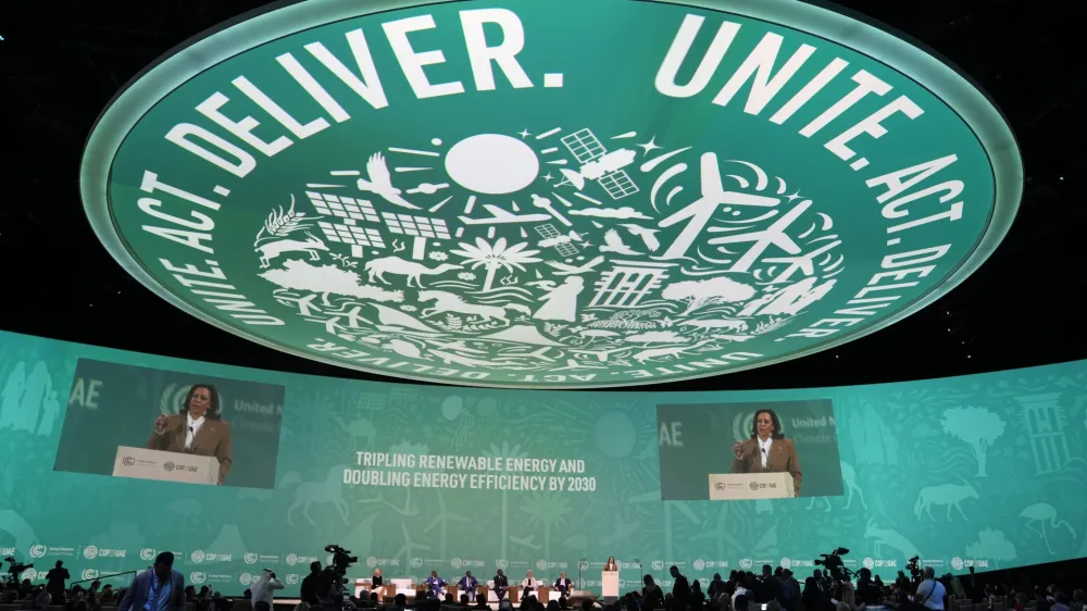 Vice President Kamala Harris speaks at the COP28 U.N. Climate Summit, Saturday, Dec. 2, 2023, in Dubai, United Arab Emirates. (AP Photo/Kamran Jebreili)