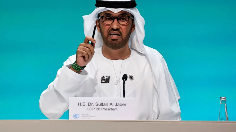 United Arab Emirates Minister of Industry and Advanced Technology and COP28 President Sultan Ahmed Al Jaber speaks during a press conference at the United Nations Climate Change Conference (COP28) in Dubai, United Arab Emirates, December 4, 2023. REUTERS/Thaier Al-Sudani