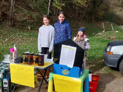 Otroci iz čebelarske družine Bozovičar konec tedna na stojnici ob cesti proti Polhovemu Gradcu prodajajo med. 