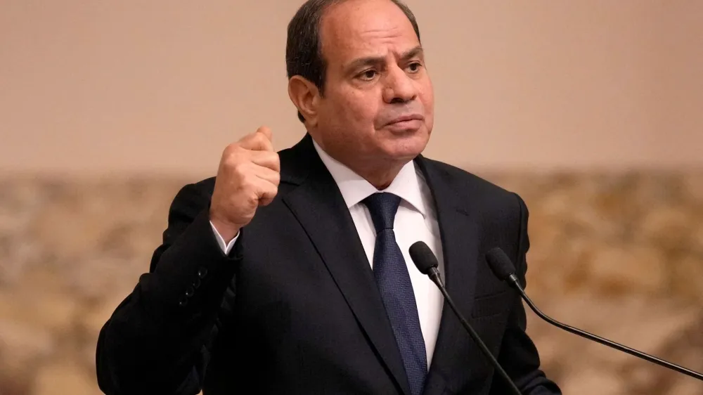 FILE PHOTO: Egyptian President Abdel Fattah el-Sisi gestures during a joint press conference with French President Emmanuel Macron in Cairo, Egypt, Wednesday, Oct. 25, 2023. Christophe Ena/Pool via REUTERS/File Photo