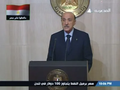 In this image taken from Egypt State TV,  Omar Suleiman, Egypt's newly appointed vice president, says President Hosni Mubarak has asked him to immediately begin dialogue with "political forces" for constitutional and legislative reforms, Monday Jan. 31, 2011.  (AP Photo / Egypt State TV. via APTN)  MANDATORY CREDIT EGYPT OUT TV OUT