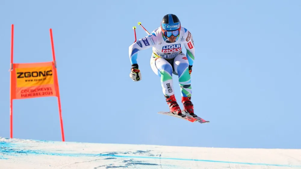 Alpine Skiing - FIS Alpine Ski World Cup - Men's Downhill - Courchevel, France - February 12, 2023 Slovenia's Miha Hrobat in action REUTERS/Denis Balibouse