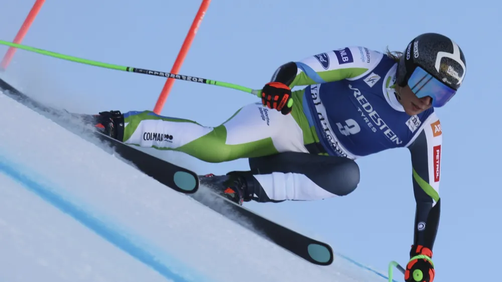 Slovenia's Ilka Stuhec speeds down the course during an alpine ski, women's World Cup Super G race, in Val d'Isere, France, Sunday, Dec. 17, 2023. (AP Photo/Marco Trovati)