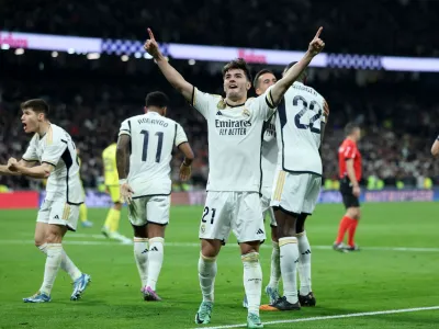 Soccer Football - LaLiga - Real Madrid v Villarreal - Santiago Bernabeu, Madrid, Spain - December 17, 2023 Real Madrid's Brahim Diaz celebrates scoring their third goal REUTERS/Isabel Infantes