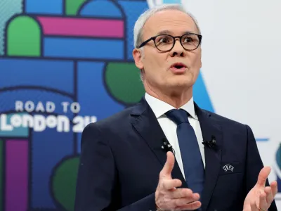 Soccer Football - Champions League - Round of 16 Draw - Nyon, Switzerland - December 18, 2023 UEFA General Secretary and Director of Football Giorgio Marchetti speaks during the draw REUTERS/Pierre Albouy