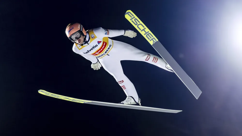 Stefan Kraft of Austria competes during the men's FIS Ski Jumping World Cup competition at the Gross-Titlis Schanze in Engelberg, Switzerland, Sunday, Dec. 17, 2023. (Philipp Schmidli/Keystone via AP)