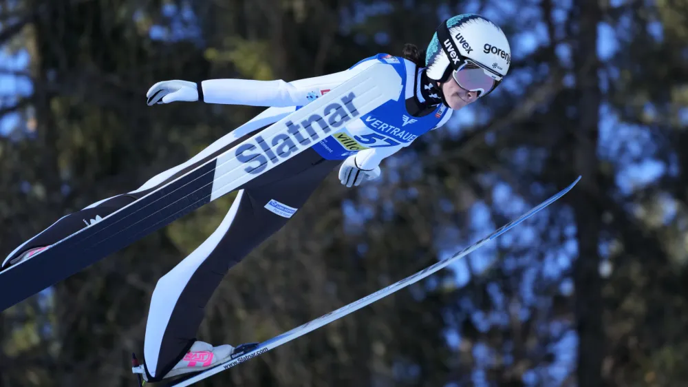 Slovenia's Nika Prevc competes at the Women's Normal Hill Individual Ski Jumping World Cup event in Villach, Austria, Wednesday, Jan. 3, 2024. (AP Photo/Darko Bandic)