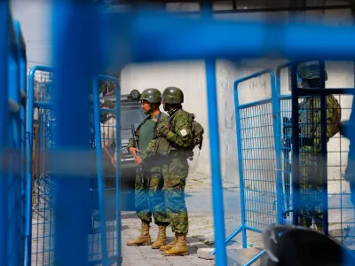 Military personnel guard the entrance to El Inca prison after a security operation due to riots, following the disappearance of Jose Adolfo Macias, alias 'Fito', leader of the Los Choneros criminal group, in Quito, Ecuador January 8, 2024. REUTERS/Karen Toro 