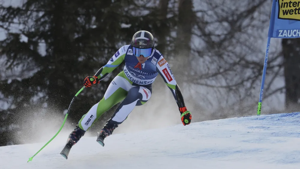 Slovenia's Ilka Stuhec speeds down the course during an alpine ski, women's World Cup super-G race, in Altenmarkt-Zauchensee, Austria, Friday, Jan. 12, 2024. (AP Photo/Marco Trovati)