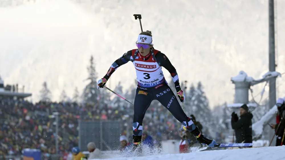 Ingrid Landmark Tandrevold from Norway competes during the women sprint 7.5 km Biathlon World Cup in Ruhpolding, Germany, Friday Jan. 12, 2024. (Sven Hoppe/dpa via AP)