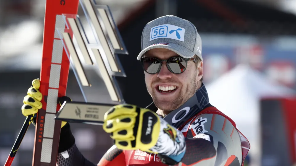 ﻿Norway's Aleksander Aamodt Kilde celebrates winning an alpine ski, men's World Cup super-G, in Kvitfjell, Norway, Sunday March 6, 2022. (AP Photo/Gabriele Facciotti)