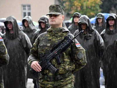 In the Barracks of the 123rd Brigade of the HV Pozega, the 40th generation of conscripts took the oath of voluntary military training during heavy rain in Pozega, Croatia on 03. November, 2023. Photo: Ivica Galovic/PIXSELL/Sipa USANo Use Germany.