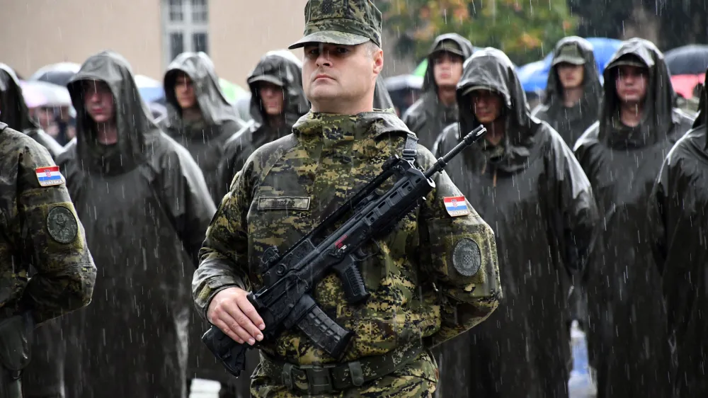 In the Barracks of the 123rd Brigade of the HV Pozega, the 40th generation of conscripts took the oath of voluntary military training during heavy rain in Pozega, Croatia on 03. November, 2023. Photo: Ivica Galovic/PIXSELL/Sipa USANo Use Germany.
