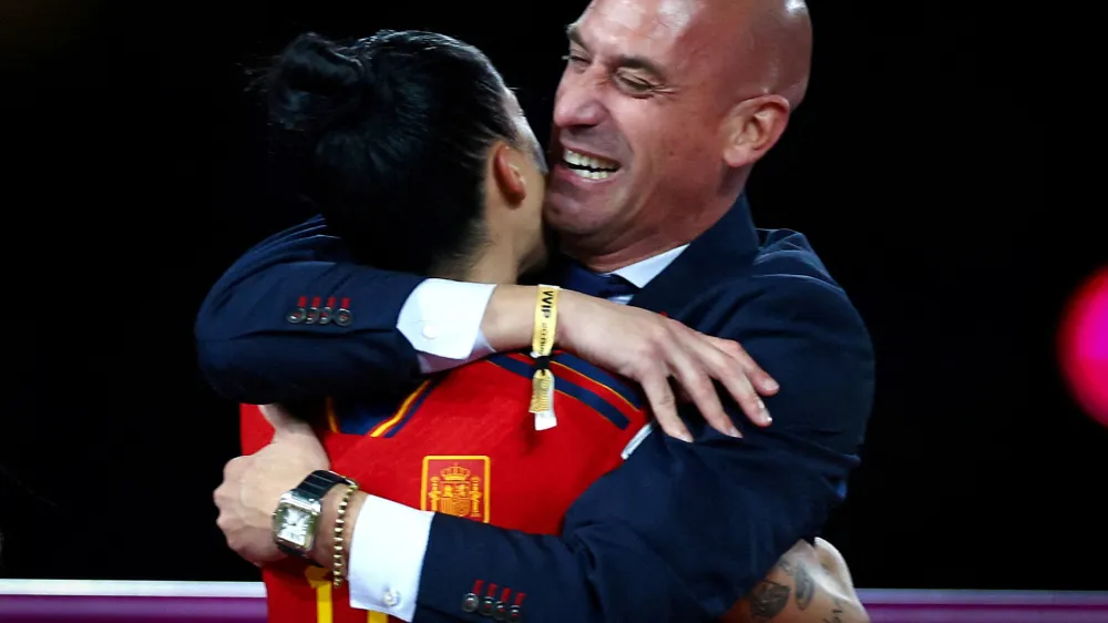 FILE PHOTO: Soccer Football - FIFA Women's World Cup Australia and New Zealand 2023 - Final - Spain v England - Stadium Australia, Sydney, Australia - August 20, 2023 Spain's Jennifer Hermoso celebrates with President of the Royal Spanish Football Federation Luis Rubiales after the match. REUTERS/Hannah Mckay/File Photo