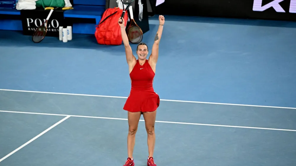 Tennis - Australian Open - Melbourne Park, Melbourne, Australia - January 27, 2024 Belarus' Aryna Sabalenka celebrates winning the final against China's Qinwen Zheng REUTERS/Tracey Nearmy