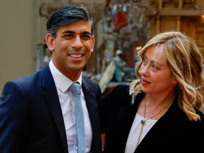 FILE PHOTO: Italian Prime Minister Giorgia Meloni meets Britain's Prime Minister Rishi Sunak at Palazzo Chigi, in Rome, Italy, December 16, 2023. REUTERS/Remo Casilli/File Photo