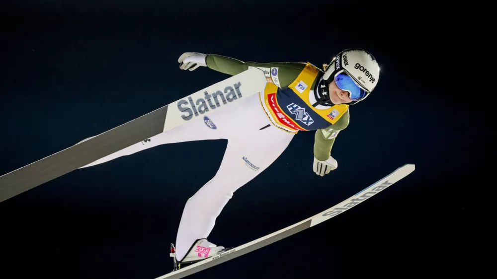 Nika Prevc from Slovenia in action during the World Cup ski jumping at Granåsen in Trondheim, Norway, Wednesday, March 13, 2024.. (Geir Olsen/NTB Scanpix via AP)