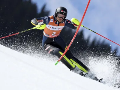 Sweden's Anna Swenn Larsson competes during the first run of an alpine ski, women's World Cup slalom race, in Saalbach, Austria, Saturday, March 16, 2024. (AP Photo/Marco Trovati)