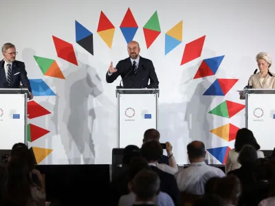 Czech Prime Minister Petr Fiala, European Council President Charles Michel and European Commission President Ursula von der Leyen attend a news conference during the Informal EU 27 Summit and Meeting within the European Political Community at Prague Castle, in Prague, Czech Republic, October 7, 2022. REUTERS/Eva Korinkova