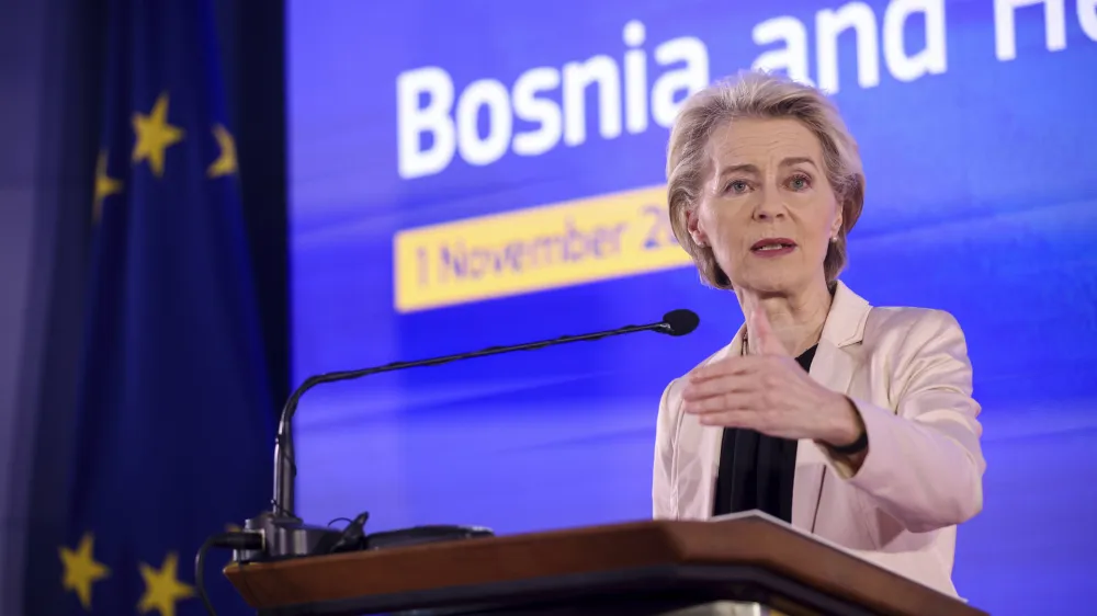 European Commission President Ursula von der Leyen speaks to the media during a joint news conference with the President of the Council of Ministers of Bosnia and Herzegovina Borjana Kristo in Sarajevo, Bosnia, Wednesday, Nov. 1, 2023. (AP Photo/Armin Durgut)