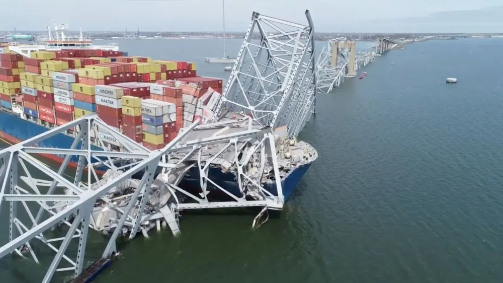 A drone view of the Dali cargo vessel, which crashed into the Francis Scott Key Bridge causing it to collapse, in Baltimore, Maryland, U.S., March 26, 2024, in this still image taken from a handout video. NTSB/Handout via REUTERS  THIS IMAGE HAS BEEN SUPPLIED BY A THIRD PARTY. MANDATORY CREDIT