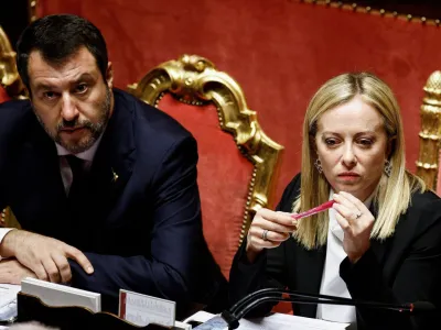 FILE PHOTO: Italy's Prime Minister Giorgia Meloni and Infrastructure Minister Matteo Salvini attend the upper house of parliament ahead of a confidence vote for the new government, in Rome, Italy, October 26, 2022. REUTERS/Guglielmo Mangiapane/File Photo