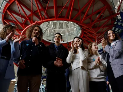 Claudia Duarte Agostinho, Martim Duarte Agostinho, Andre dos Santos Oliveira, Sofia dos Santos Oliveira, Mariana Duarte Agostinho, and Catarina dos Santos Mota, the six young Portuguese people, react after the verdict of the court in the climate case Duarte Agostinho and Others v. Portugal and 32 Other States, at the European Court of Human Rights (ECHR) in Strasbourg, France, April 9, 2024. REUTERS/Christian Hartmann