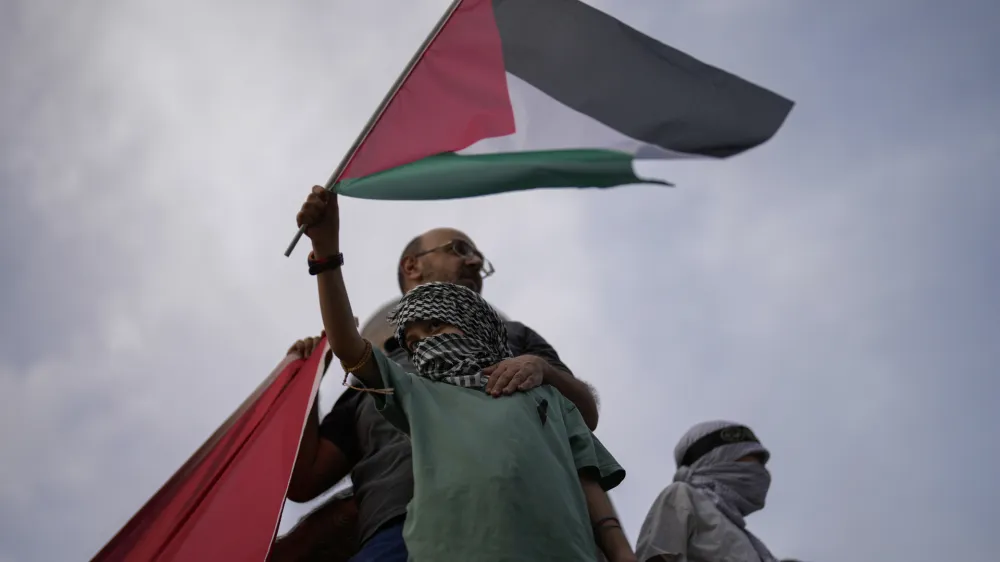A youngster waves a Palestinian flag during a protest to show solidarity with the Palestinians in Istanbul, Turkey, Saturday, Nov. 4, 2023. (AP Photo/Francisco Seco)