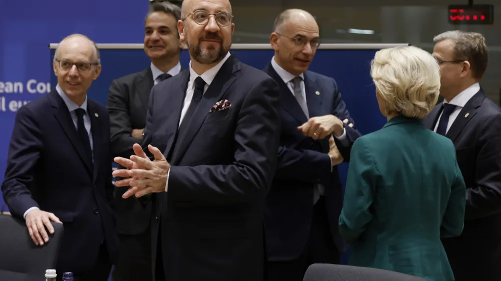 From left, Luxembourg's Prime Minister Luc Frieden, Greece's Prime Minister Kyriakos Mitsotakis, European Council President Charles Michel, author of the High-Level Report on the future of the Single Market Enrico Letta, European Commission President Ursula von der Leyen and Finland's Prime Minister Petteri Orpo speak during a round table meeting at an EU summit in Brussels, Thursday, April 18, 2024. European Union leaders vowed on Wednesday to ramp up sanctions against Iran as concern grows that Tehran's unprecedented attack on Israel could fuel a wider war in the Middle East. (AP Photo/Omar Havana)