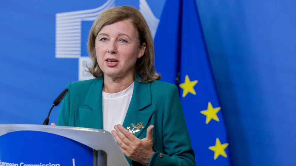 HANDOUT - 26 September 2023, Belgium, Brussels: Vice President of the European Commission for Values and Transparency Vera Jourova gives a press conference. Jourova called on social media platforms to take action and singled out the Kremlin as one of the main drivers behind misleading online content targeted at users in the European Union. Photo: Jennifer Jacquemart/European Commission/dpa - ATTENTION: editorial use only and only if the credit mentioned above is referenced in full