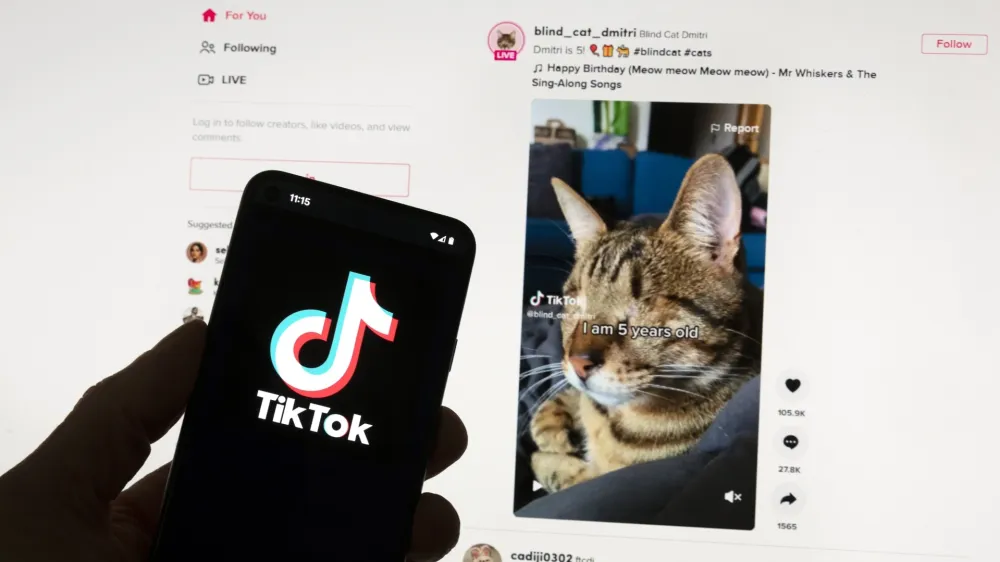 FILE - The TikTok logo is seen on a mobile phone in front of a computer screen which displays the TikTok home screen, Saturday, March 18, 2023, in Boston. European Union regulators said Wednesday, April 17, 2024, they're seeking details from TikTok on a new app from the video sharing platform that pays users to watch videos. (AP Photo/Michael Dwyer, File)