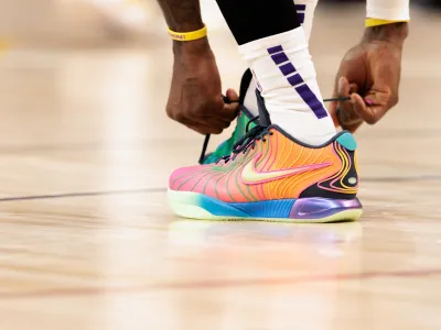 Apr 20, 2024; Denver, Colorado, USA; A detailed view of the shoes worn by Los Angeles Lakers forward LeBron James (23) during the first quarter against the Denver Nuggets in game one of the first round for the 2024 NBA playoffs at Ball Arena. Mandatory Credit: Andrew Wevers-USA TODAY Sports