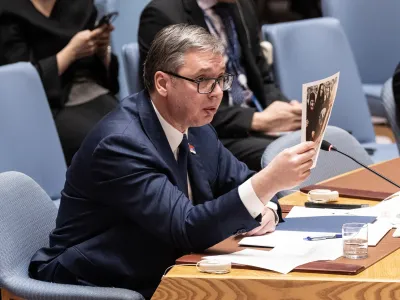 Aleksandar Vucic, President of Serbia holds photo of the funural as he speaks during UNSC meeting on situation in Kosovo at UN Headquarters in New York on April 22, 2024. (Photo by Lev Radin/Sipa USA)