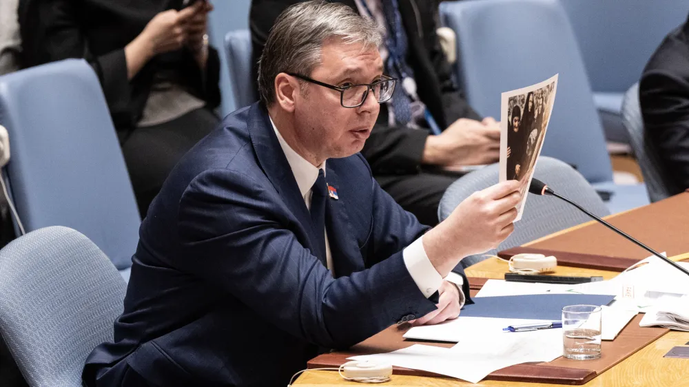 Aleksandar Vucic, President of Serbia holds photo of the funural as he speaks during UNSC meeting on situation in Kosovo at UN Headquarters in New York on April 22, 2024. (Photo by Lev Radin/Sipa USA)