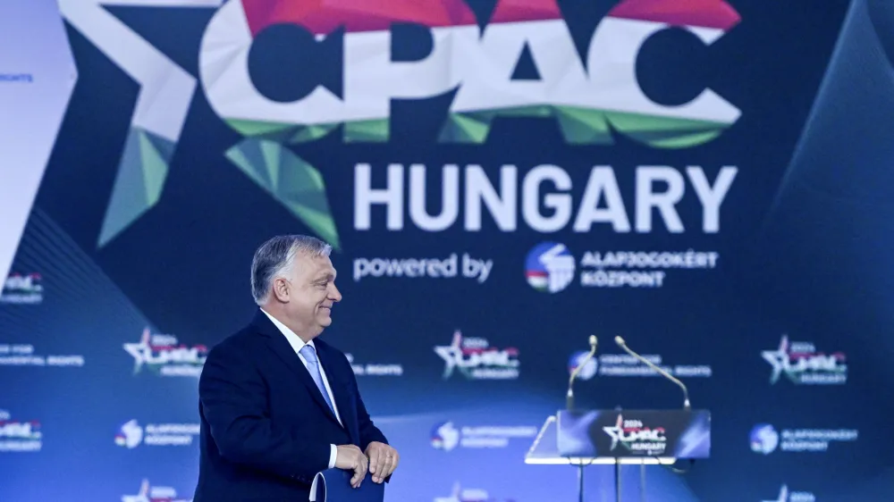 Hungarian Prime Minister Viktor Orban arrives at the third Hungarian edition of the Conservative Political Action Conference, CPAC Hungary, in Budapest, Hungary, Thursday, April 25, 2024. (Szilard Koszticsak/MTI via AP)