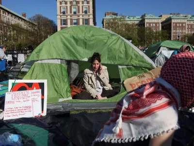 A tent set up as a library is seen as students continue to maintain a protest encampment in support of Palestinians at Columbia University, during the ongoing conflict between Israel and the Palestinian Islamist group Hamas, in New York City, U.S., April 26, 2024. REUTERS/Caitlin Ochs