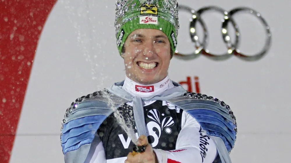 Marcel Hirscher of Austria celebrates after winning the men's Alpine Skiing World Cup slalom race in Zagreb January 5, 2012. REUTERS/Nikola Solic (CROATIA - Tags: SPORT SKIING)