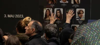 People gather to pay tribute to the victims of the mass shooting at Vladislav Ribnikar elementary school during the first anniversary commemoration in Belgrade, Serbia, May 3, 2024. REUTERS/Marko Djurica
