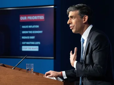 Prime minister, Rishi Sunak speaks during a press conference in Downing Street in London, after he saw the Safety of Rwanda Bill pass its third reading in the House of Commons by a majority of 44 on Wednesday evening. Picture date: Thursday January 18, 2024. Stefan Rousseau/Pool via REUTERS