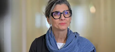 UN Special Rapporteur for Palestinian Human Rights Francesca Albanese speaks to journalist in the press gallery at Parliament House in Canberra, Wednesday, November 15, 2023. (AAP Image/Mick Tsikas) NO ARCHIVINGNo Use Australia. No Use New Zealand.