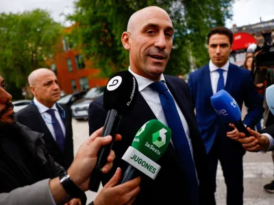 FILE PHOTO: Former president of the Royal Spanish Football Federation Luis Rubiales speaks to members of the media as he leaves a court, on the day he appears before a judge, in Majadahonda, Spain April 29, 2024. REUTERS/Susana Vera/File Photo