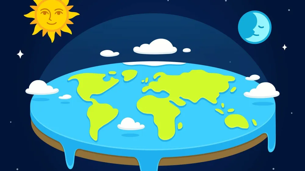 Cartoon flat earth in space with sun and moon rotating around it. Simple style vector clip art illustration.